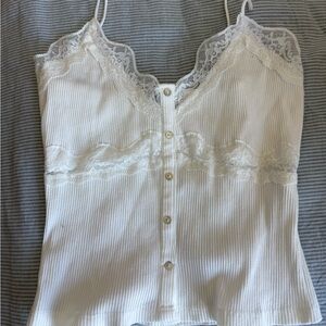 Zara White Ribbed Lace-Trim Button-Front Cami